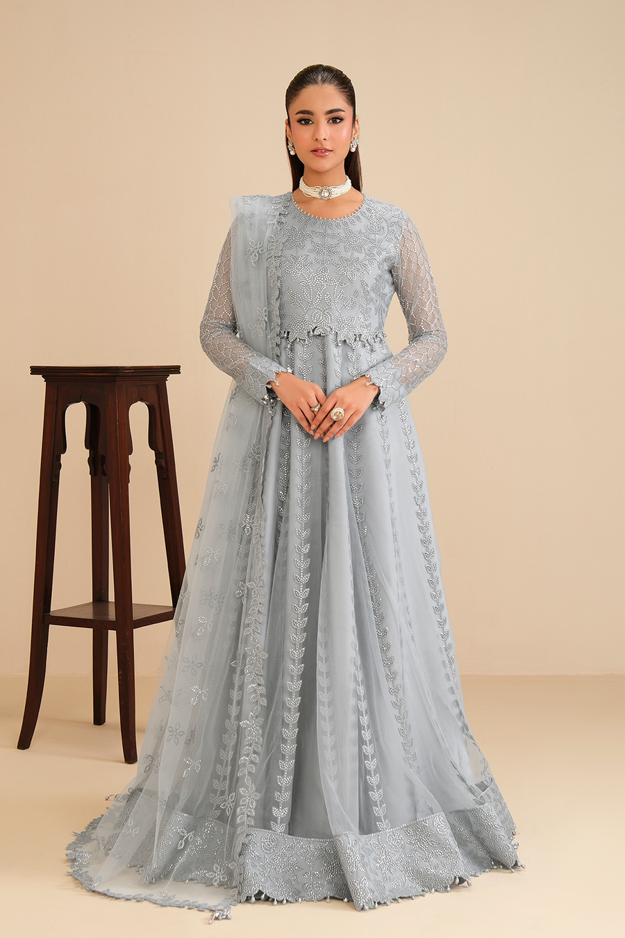 Ice Queen – Embroidered Icy Gray Net Maxi Gown 3-Piece Suit - Pehnaawaa