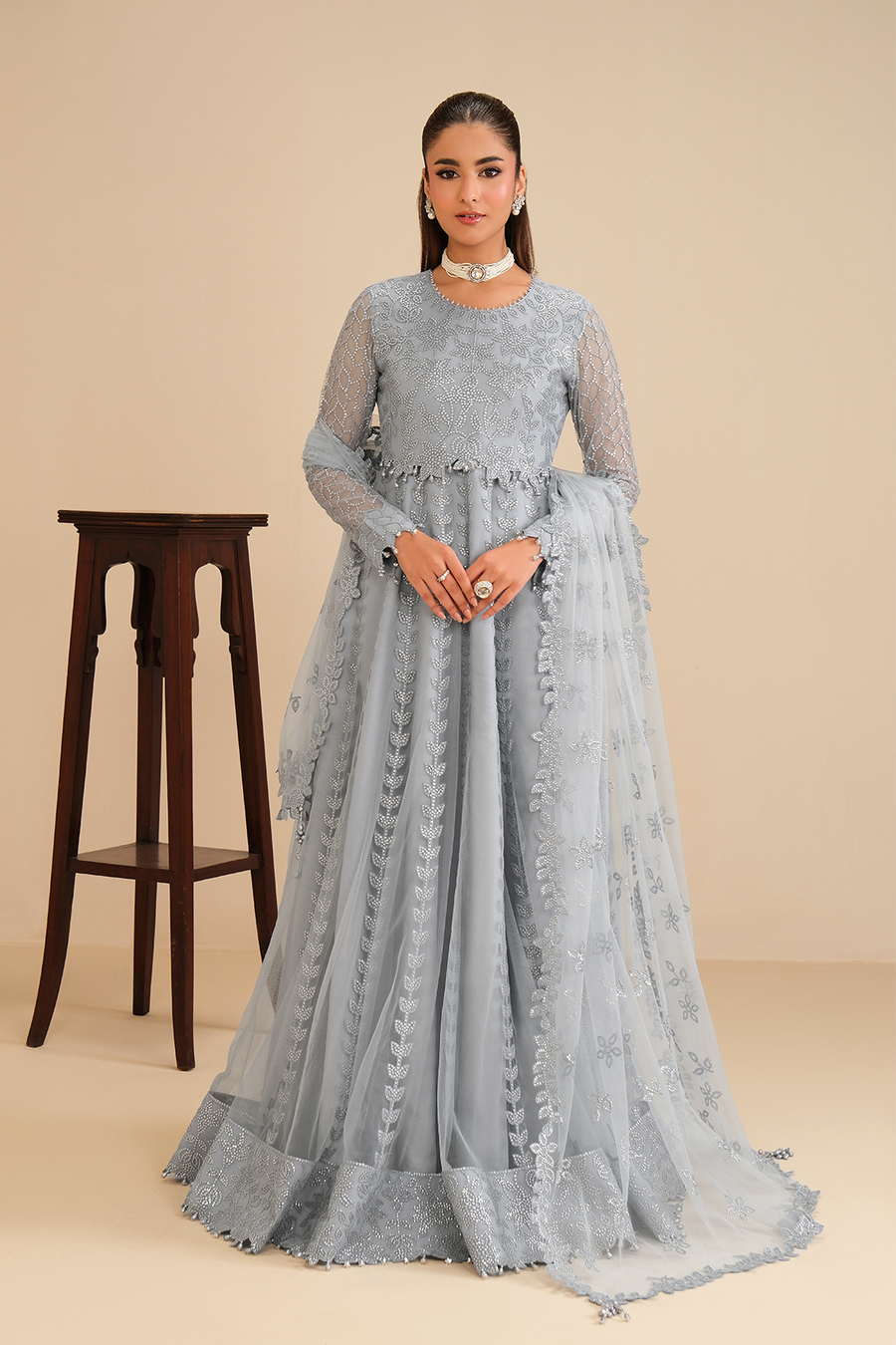 Ice Queen – Embroidered Icy Gray Net Maxi Gown 3-Piece Suit - Pehnaawaa