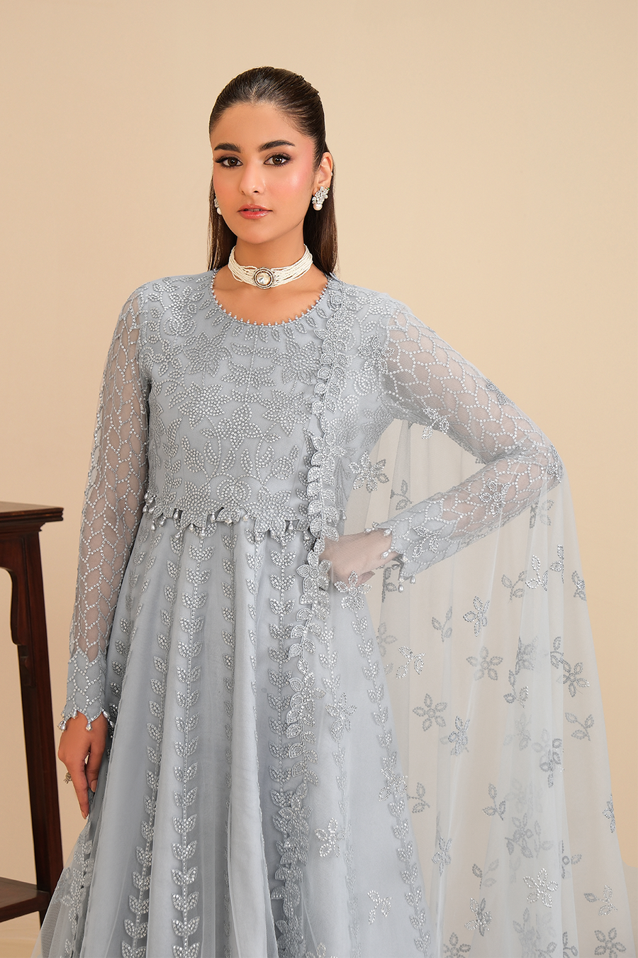 Ice Queen – Embroidered Icy Gray Net Maxi Gown 3-Piece Suit - Pehnaawaa