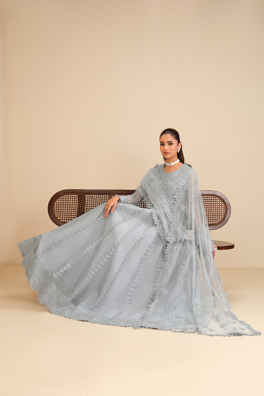 Ice Queen – Embroidered Icy Gray Net Maxi Gown 3-Piece Suit - Pehnaawaa