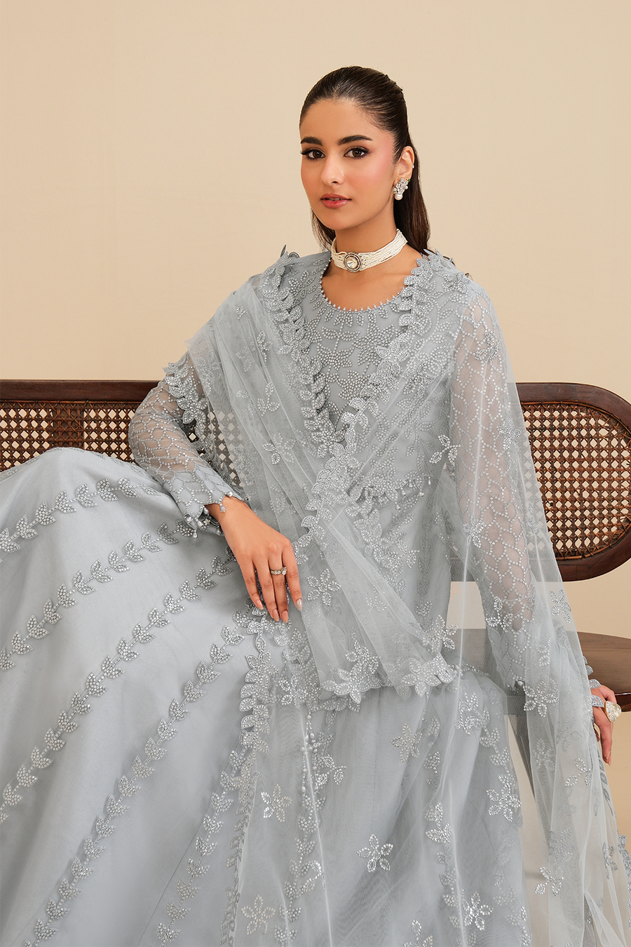 Ice Queen – Embroidered Icy Gray Net Maxi Gown 3-Piece Suit - Pehnaawaa