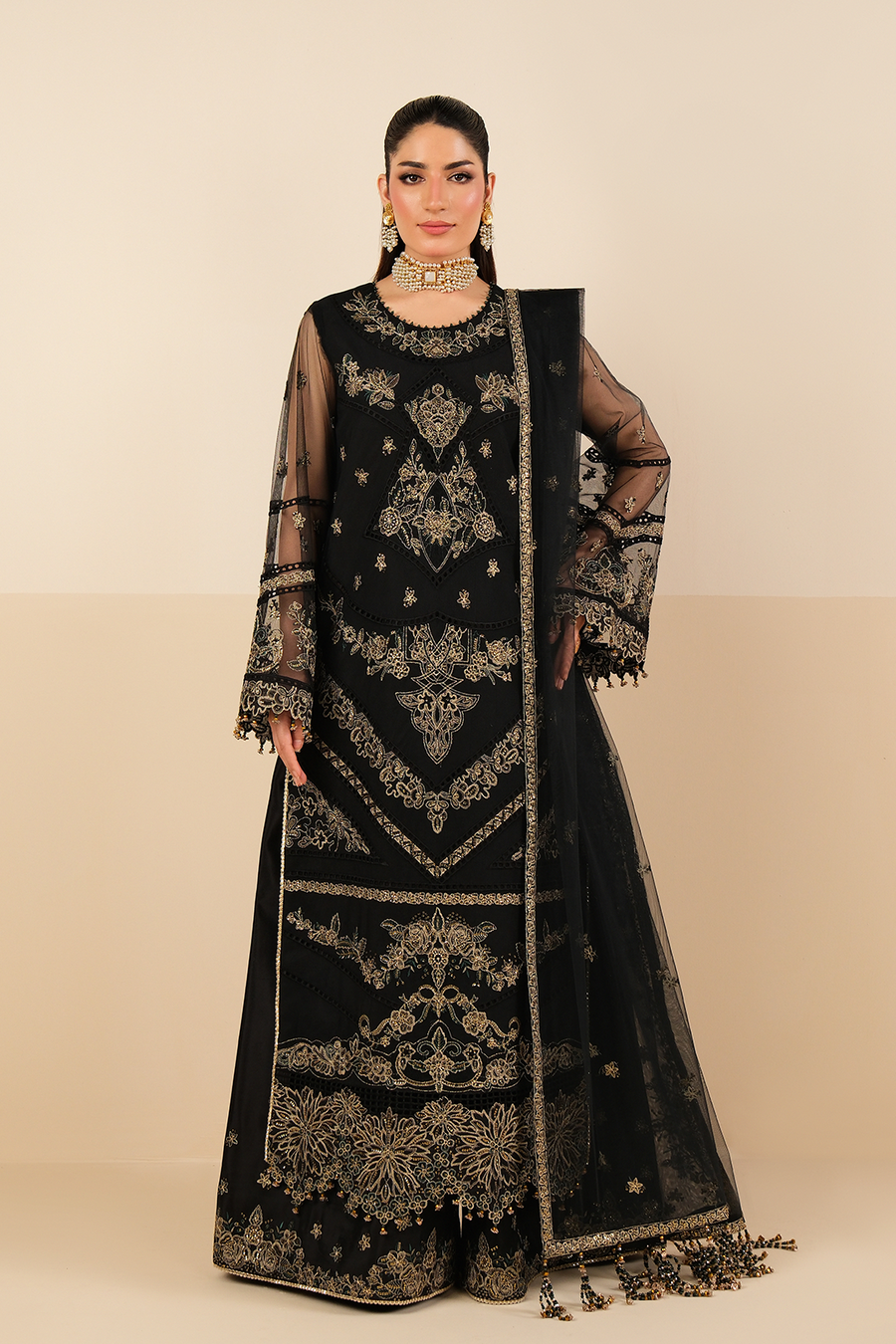 Midnight Elegance – Embroidered Black Net Formal 3-Piece Suit - Pehnaawaa