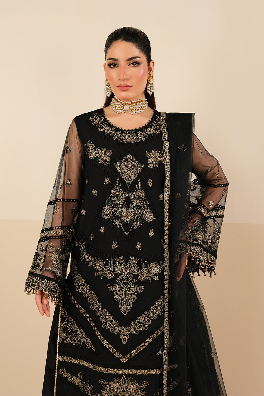 Midnight Elegance – Embroidered Black Net Formal 3-Piece Suit - Pehnaawaa