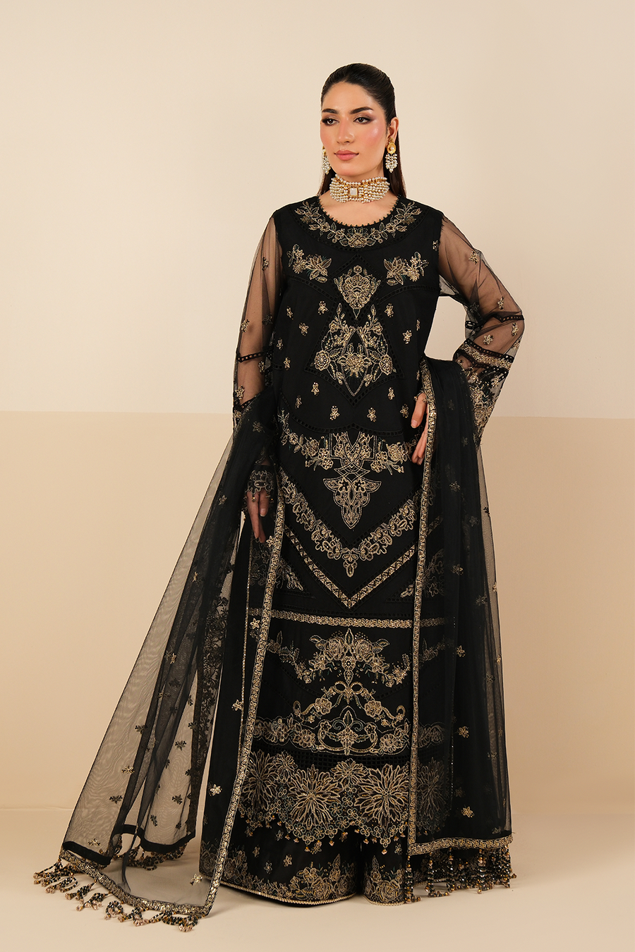 Midnight Elegance – Embroidered Black Net Formal 3-Piece Suit - Pehnaawaa