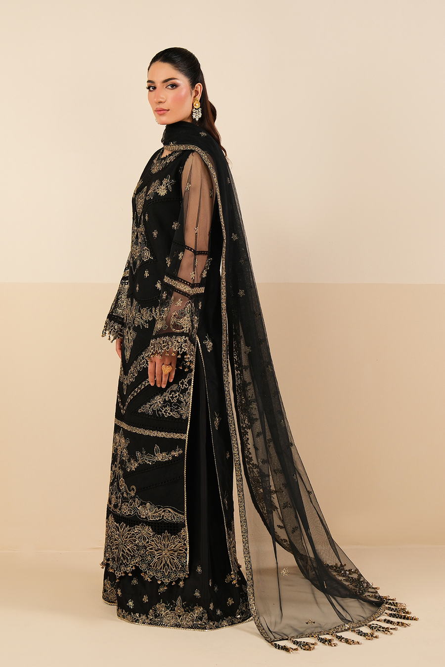 Midnight Elegance – Embroidered Black Net Formal 3-Piece Suit - Pehnaawaa