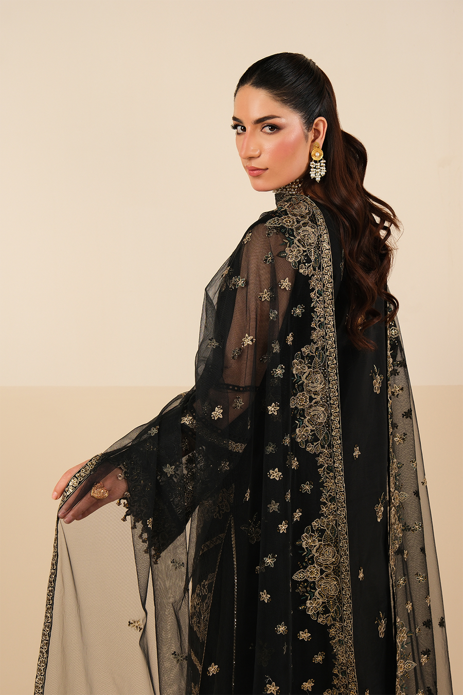 Midnight Elegance – Embroidered Black Net Formal 3-Piece Suit - Pehnaawaa