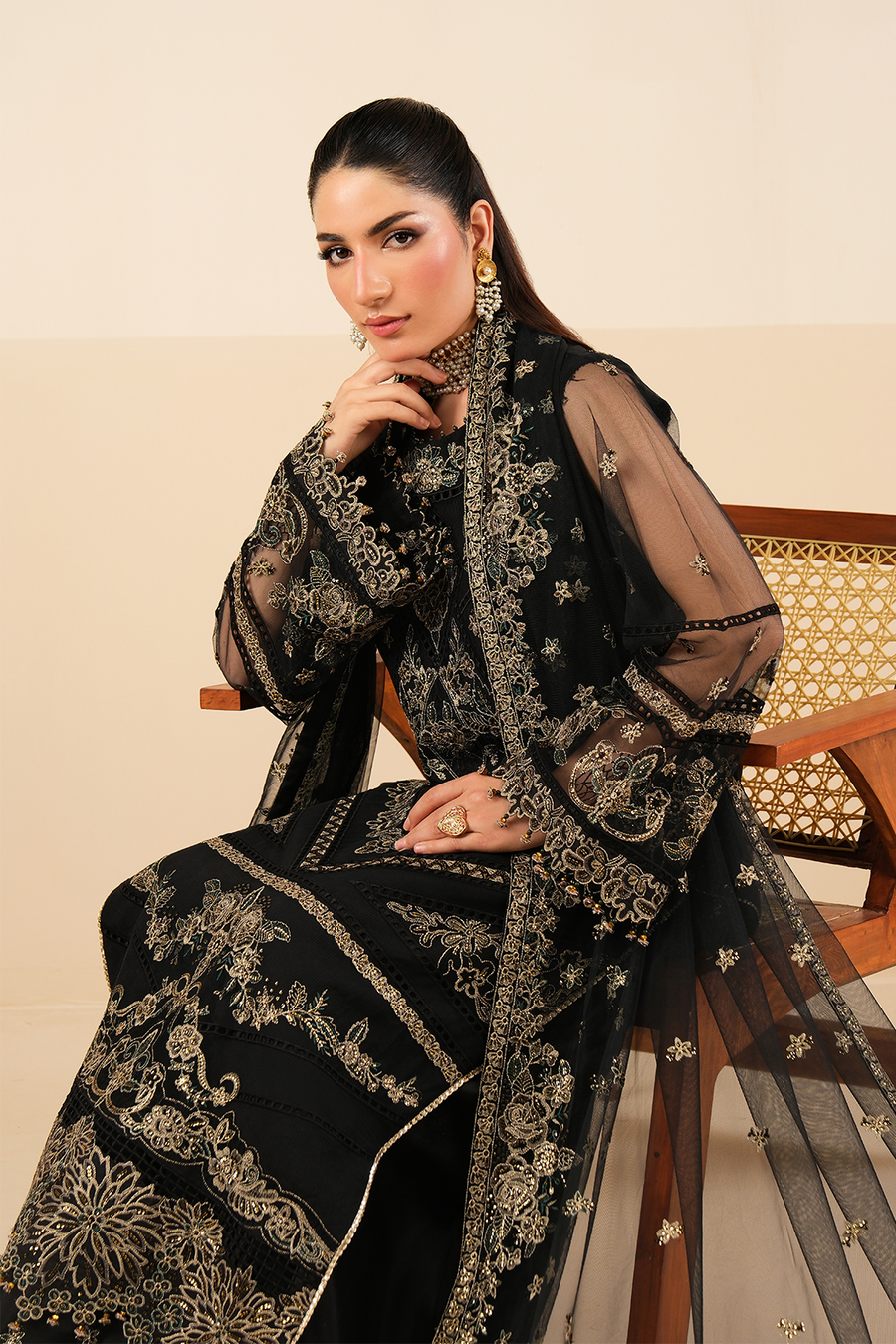 Midnight Elegance – Embroidered Black Net Formal 3-Piece Suit - Pehnaawaa