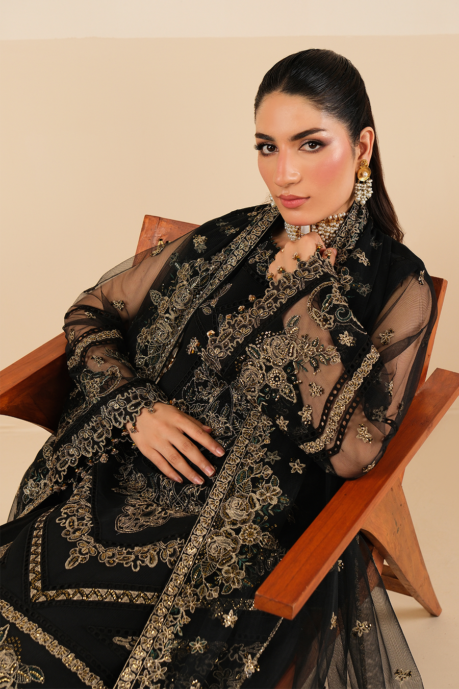 Midnight Elegance – Embroidered Black Net Formal 3-Piece Suit - Pehnaawaa