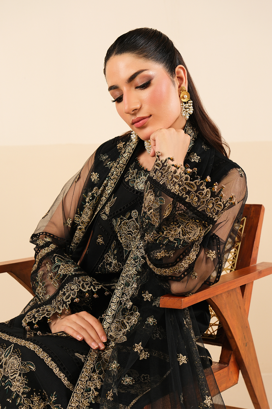 Midnight Elegance – Embroidered Black Net Formal 3-Piece Suit - Pehnaawaa