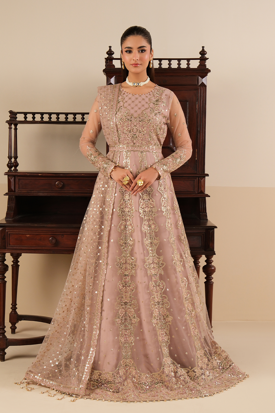 Blush Opulence – Embroidered Mauve Net Kalidar Gown 3-Piece Suit - Pehnaawaa