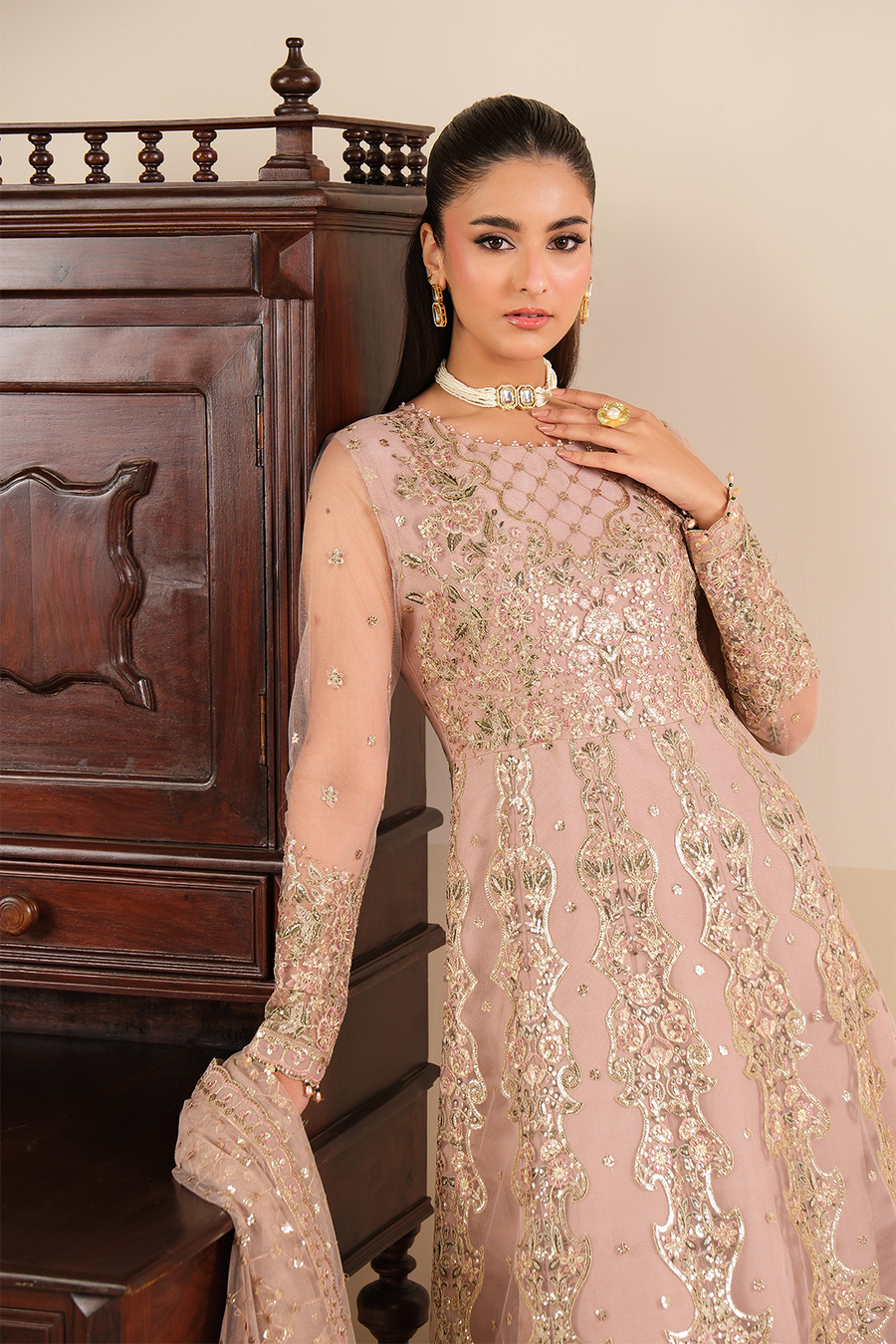 Blush Opulence – Embroidered Mauve Net Kalidar Gown 3-Piece Suit - Pehnaawaa
