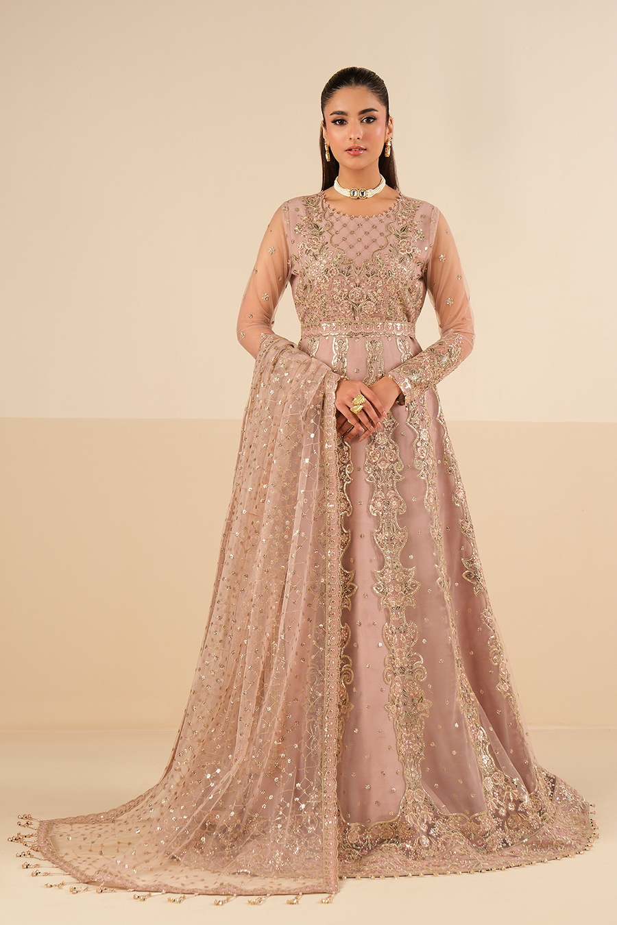 Blush Opulence – Embroidered Mauve Net Kalidar Gown 3-Piece Suit - Pehnaawaa