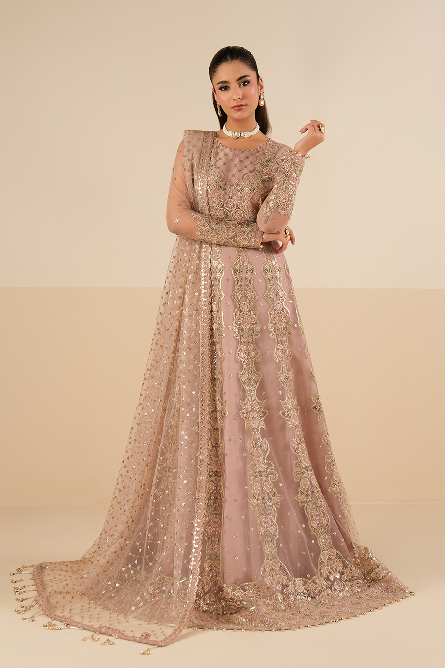 Blush Opulence – Embroidered Mauve Net Kalidar Gown 3-Piece Suit - Pehnaawaa
