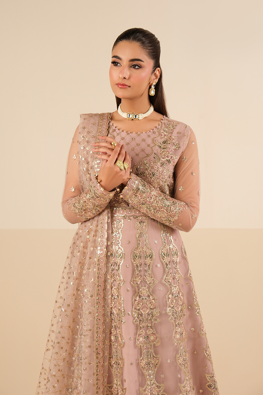 Blush Opulence – Embroidered Mauve Net Kalidar Gown 3-Piece Suit - Pehnaawaa