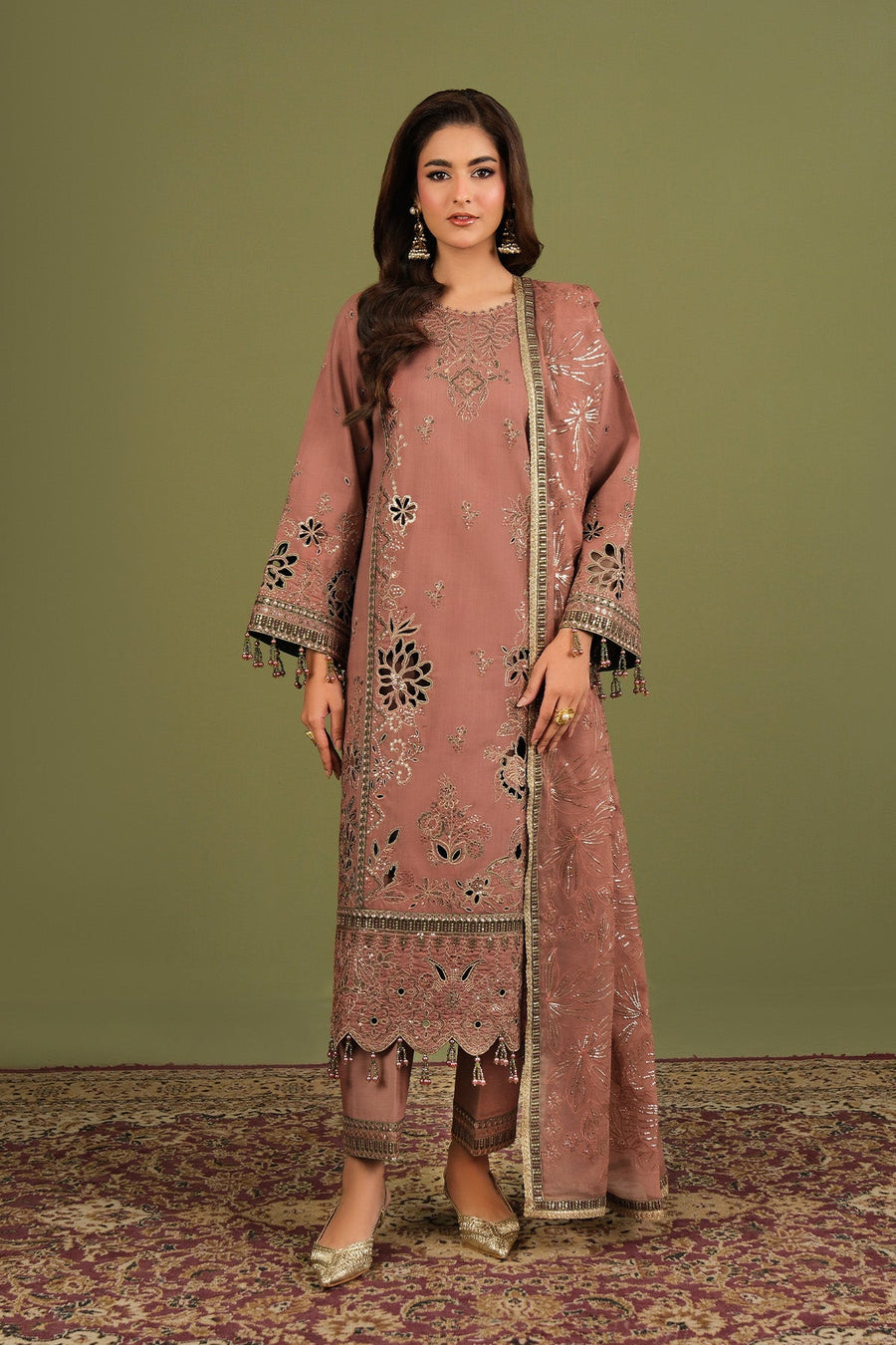 Front view of embroidered traditional 3-piece suit on model with matching dupatta
