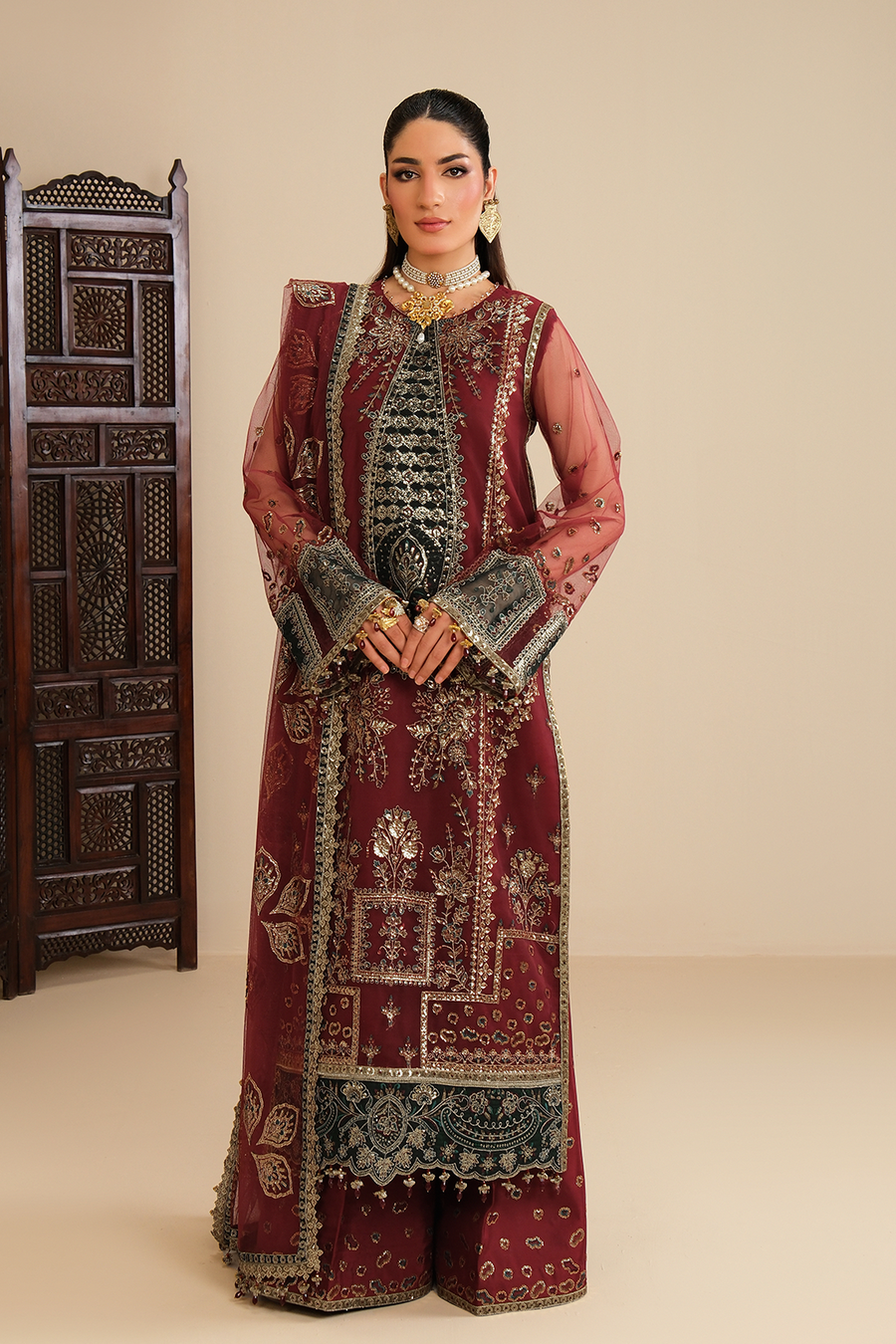 Crimson Royalty – Embroidered Maroon Net Festive 3-Piece Suit - Pehnaawaa
