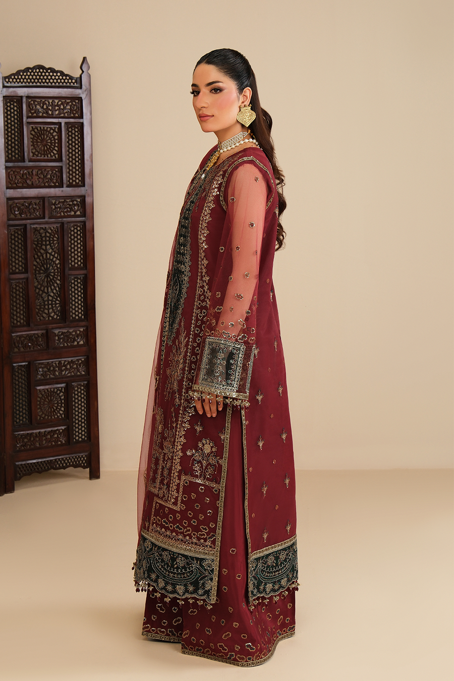Crimson Royalty – Embroidered Maroon Net Festive 3-Piece Suit - Pehnaawaa
