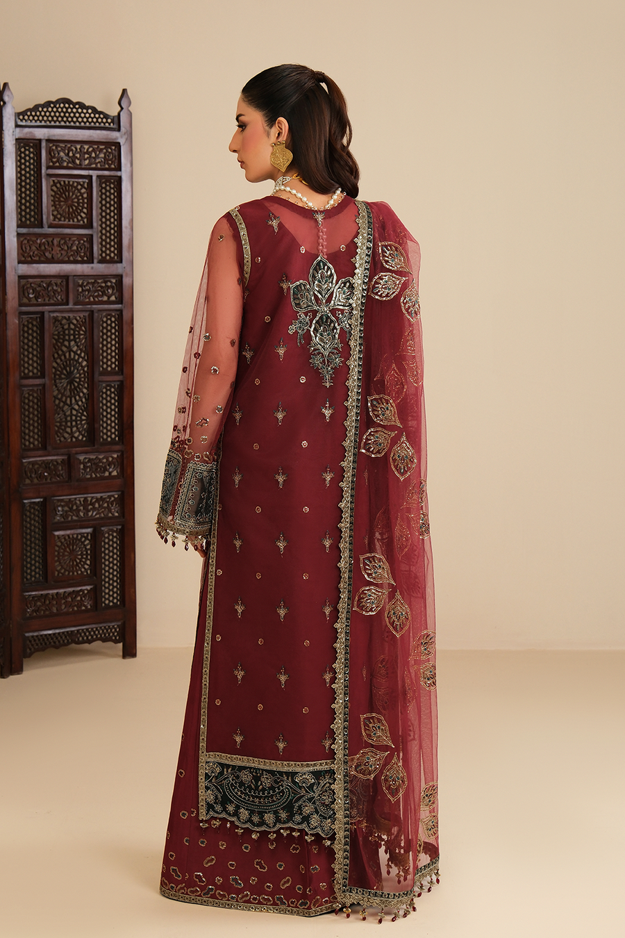 Crimson Royalty – Embroidered Maroon Net Festive 3-Piece Suit - Pehnaawaa