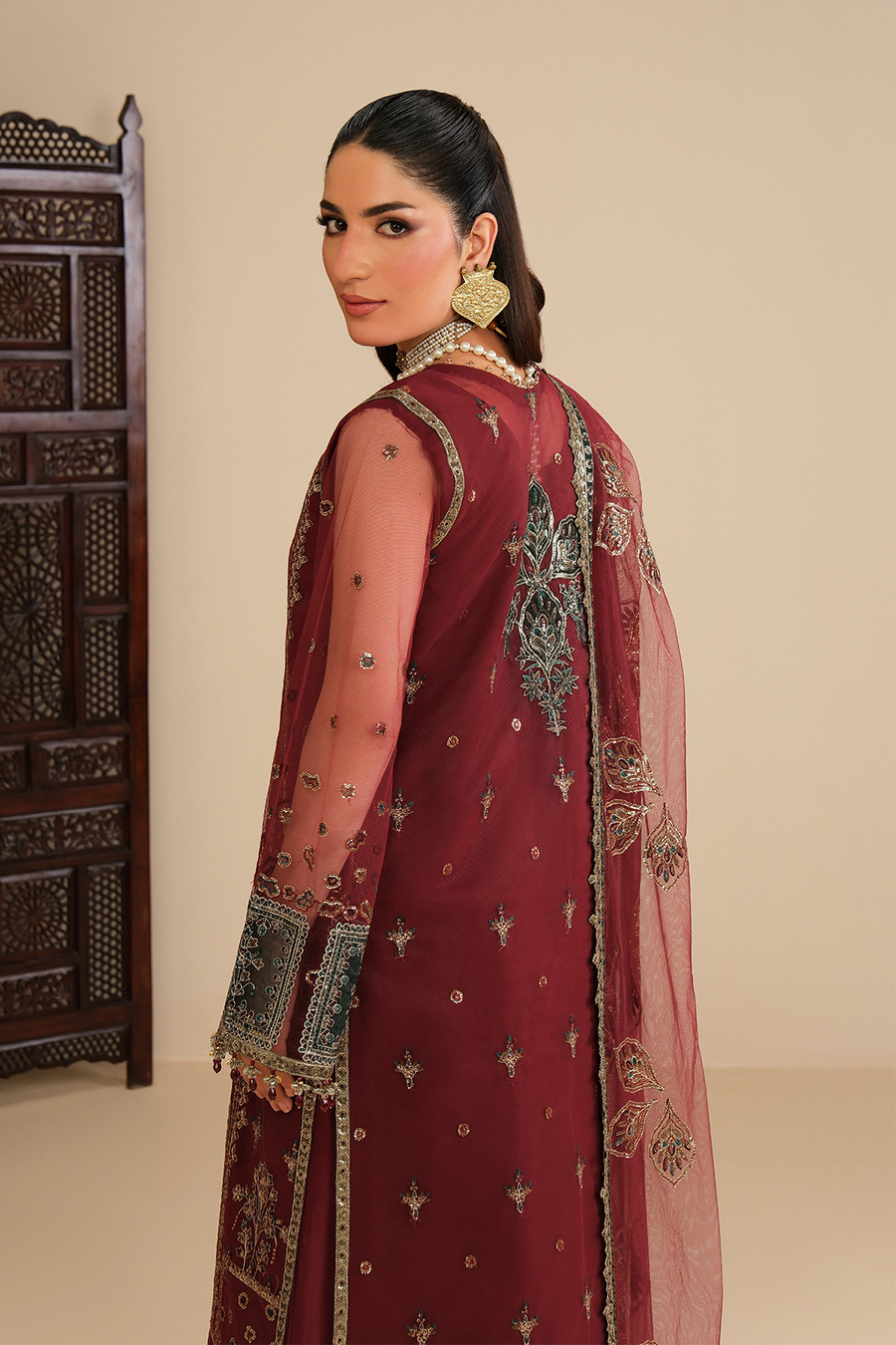 Crimson Royalty – Embroidered Maroon Net Festive 3-Piece Suit - Pehnaawaa