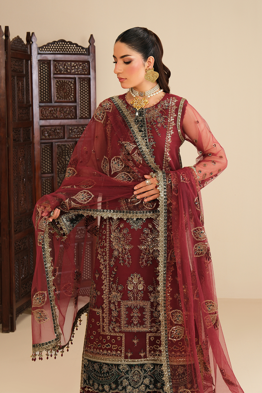 Crimson Royalty – Embroidered Maroon Net Festive 3-Piece Suit - Pehnaawaa
