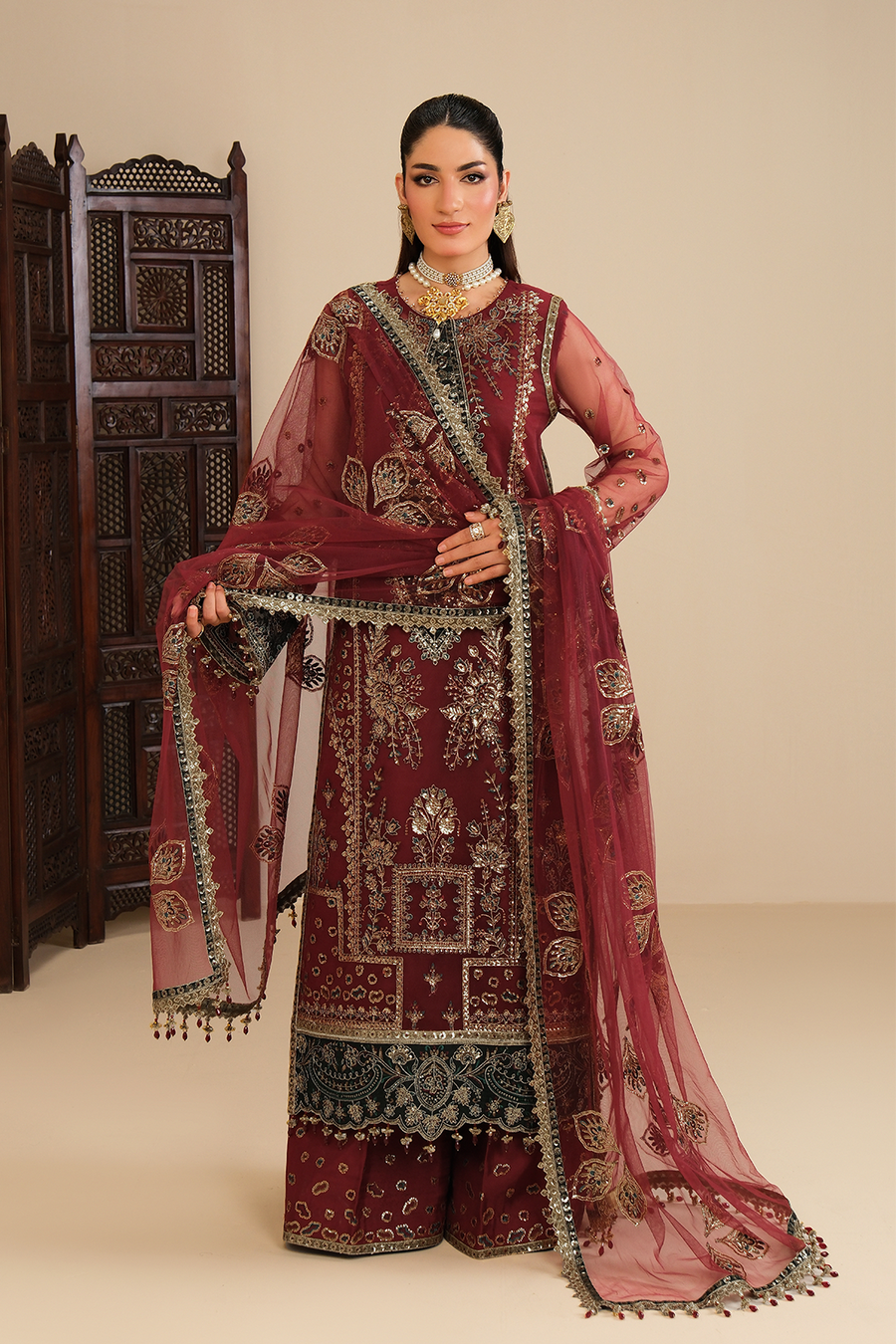 Crimson Royalty – Embroidered Maroon Net Festive 3-Piece Suit - Pehnaawaa