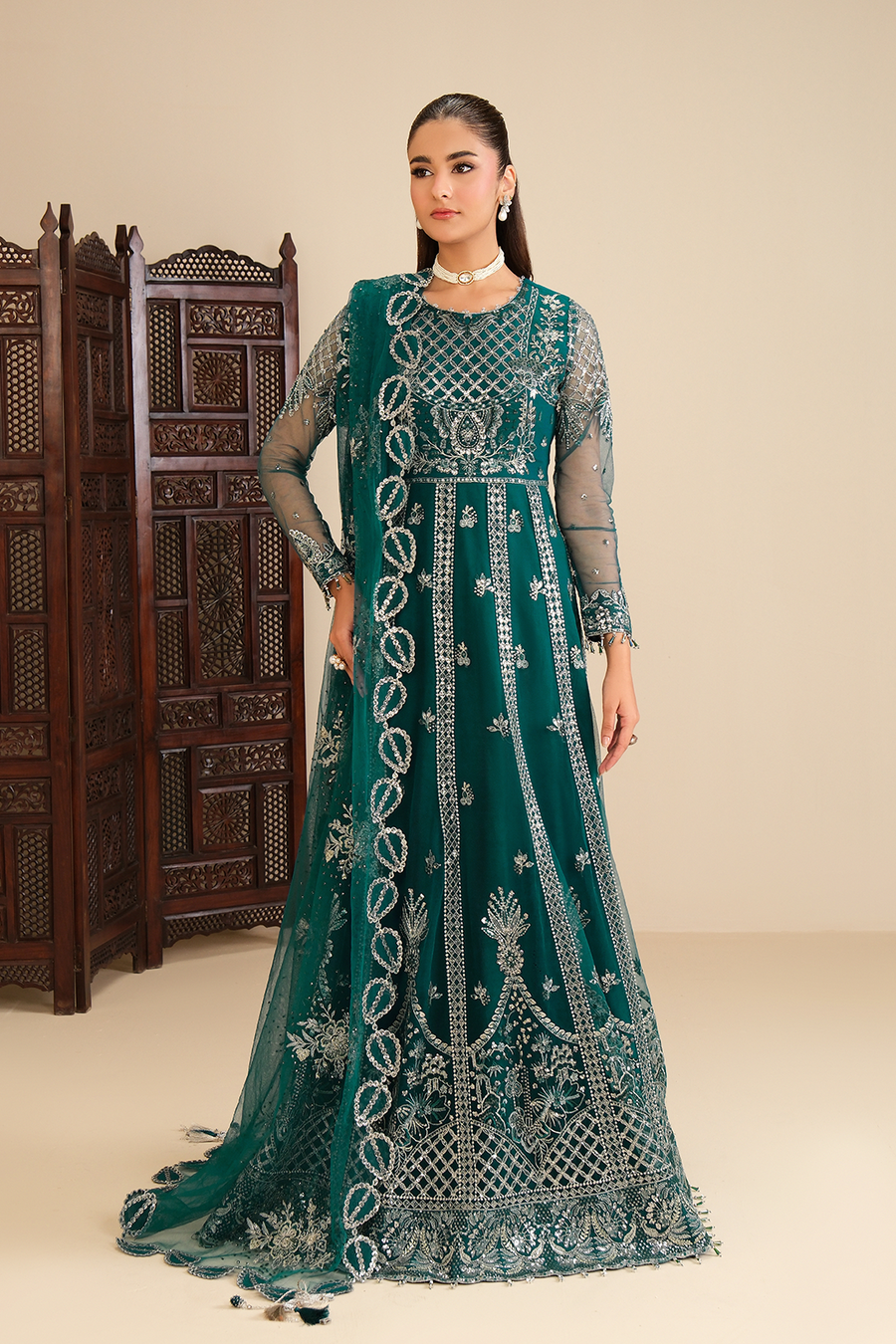 Emerald Enchantment – Embroidered Teal Net Kalidar 3-Piece Lehenga & Gown Suit - Pehnaawaa