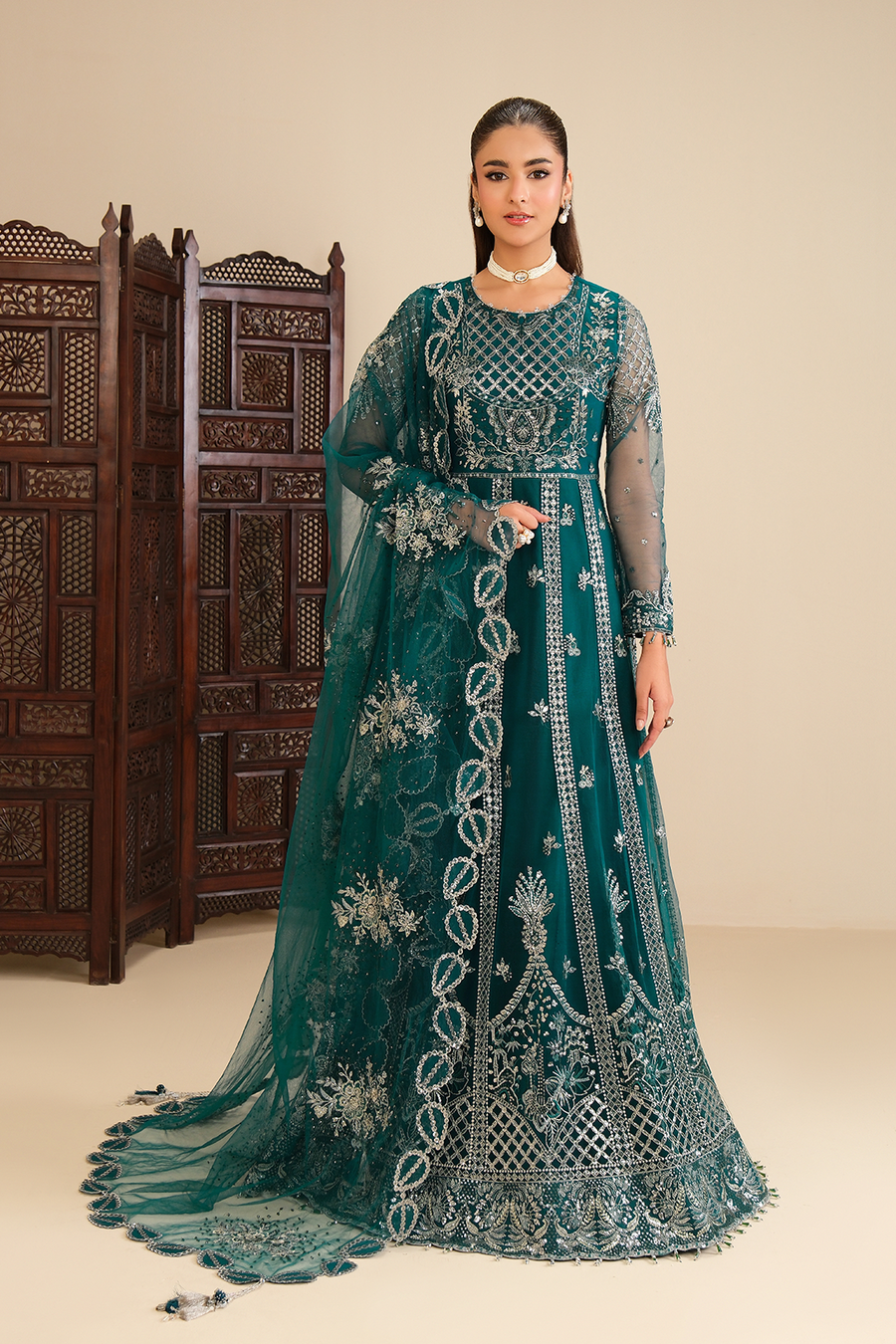 Emerald Enchantment – Embroidered Teal Net Kalidar 3-Piece Lehenga & Gown Suit - Pehnaawaa