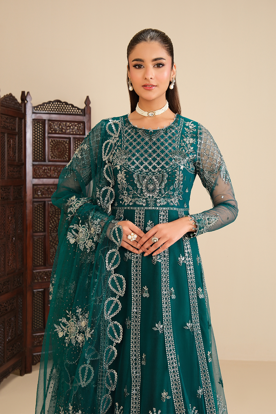 Emerald Enchantment – Embroidered Teal Net Kalidar 3-Piece Lehenga & Gown Suit - Pehnaawaa