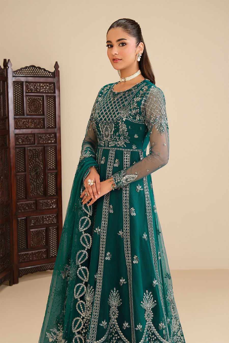 Emerald Enchantment – Embroidered Teal Net Kalidar 3-Piece Lehenga & Gown Suit - Pehnaawaa
