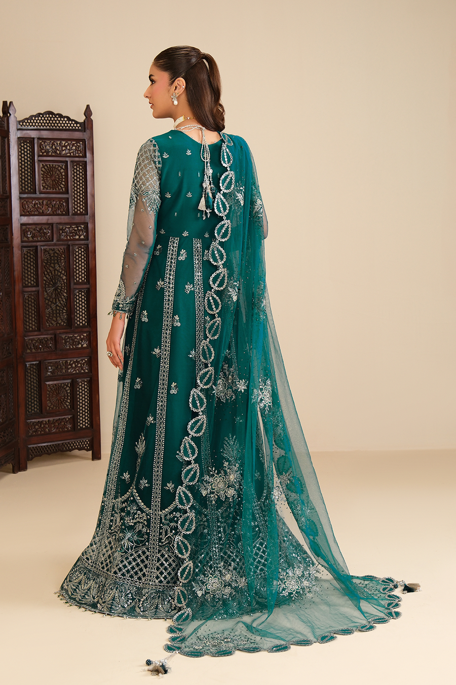 Emerald Enchantment – Embroidered Teal Net Kalidar 3-Piece Lehenga & Gown Suit - Pehnaawaa