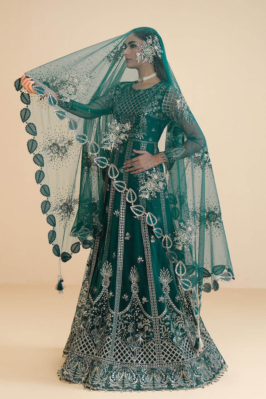 Emerald Enchantment – Embroidered Teal Net Kalidar 3-Piece Lehenga & Gown Suit - Pehnaawaa