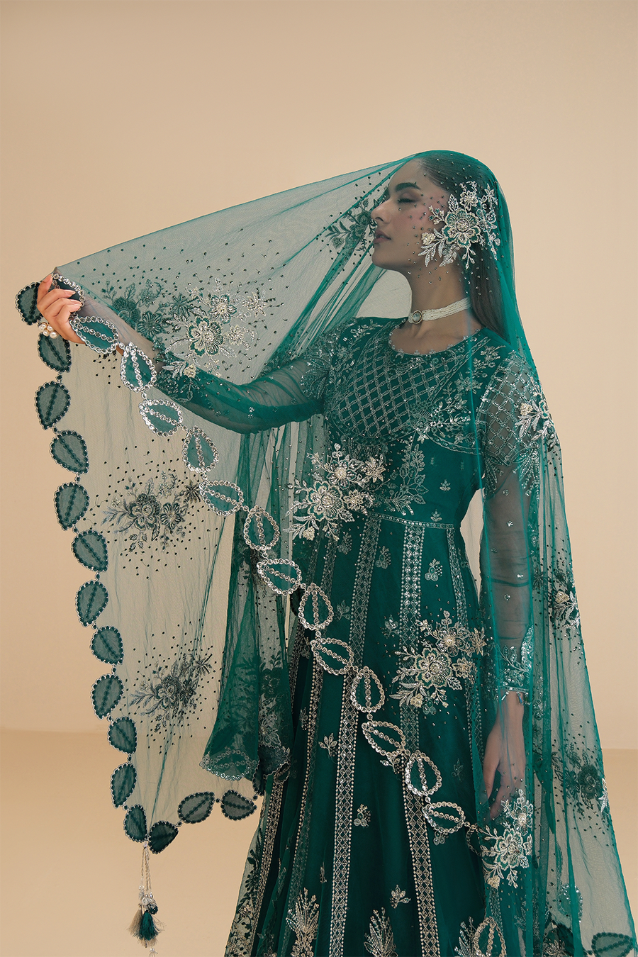 Emerald Enchantment – Embroidered Teal Net Kalidar 3-Piece Lehenga & Gown Suit - Pehnaawaa