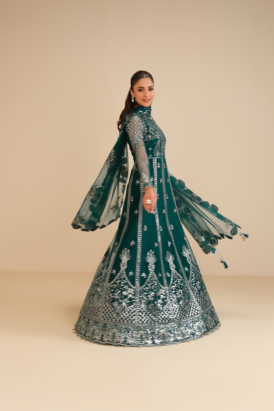 Emerald Enchantment – Embroidered Teal Net Kalidar 3-Piece Lehenga & Gown Suit - Pehnaawaa