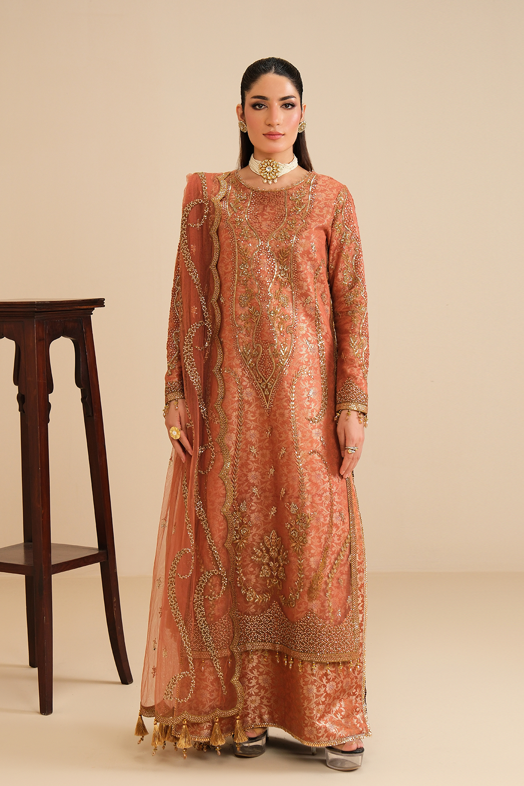 Peach Glow – Embroidered Terracotta Net Festive 3-Piece Suit with Jamawar