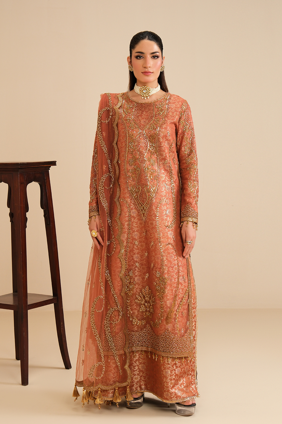 Peach Glow – Embroidered Terracotta Net Festive 3-Piece Suit with Jamawar - Pehnaawaa