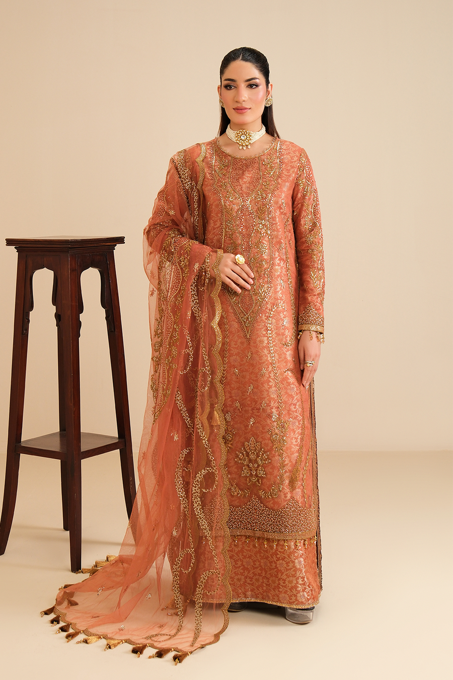 Peach Glow – Embroidered Terracotta Net Festive 3-Piece Suit with Jamawar - Pehnaawaa