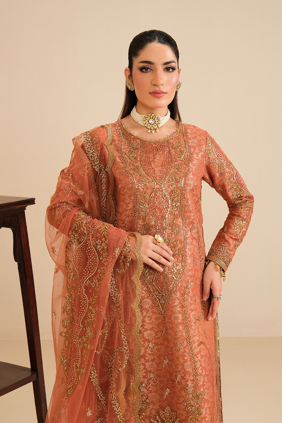 Peach Glow – Embroidered Terracotta Net Festive 3-Piece Suit with Jamawar - Pehnaawaa