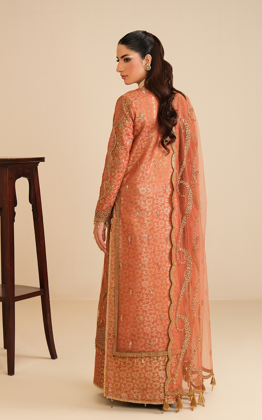 Peach Glow – Embroidered Terracotta Net Festive 3-Piece Suit with Jamawar - Pehnaawaa