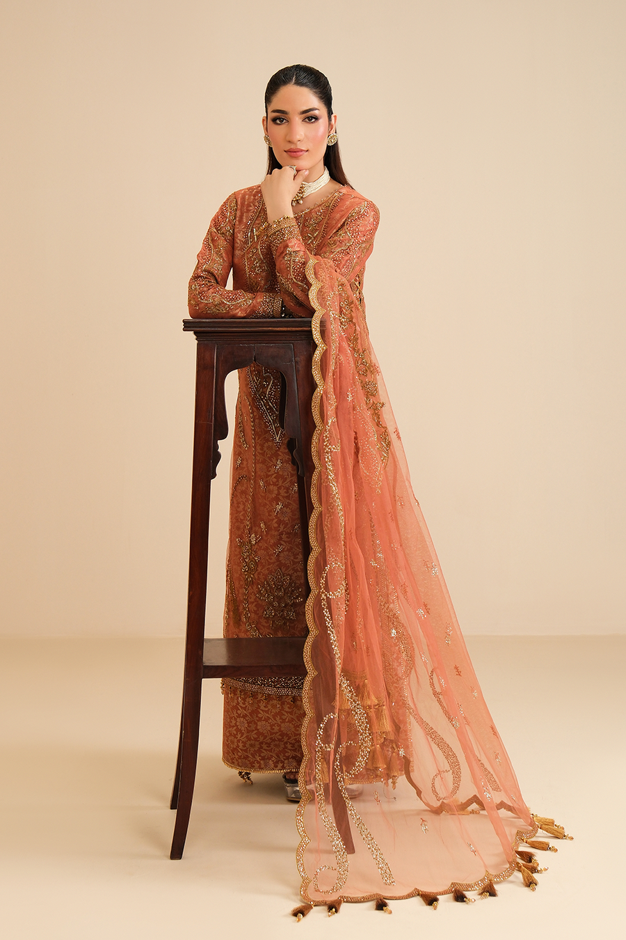 Peach Glow – Embroidered Terracotta Net Festive 3-Piece Suit with Jamawar - Pehnaawaa