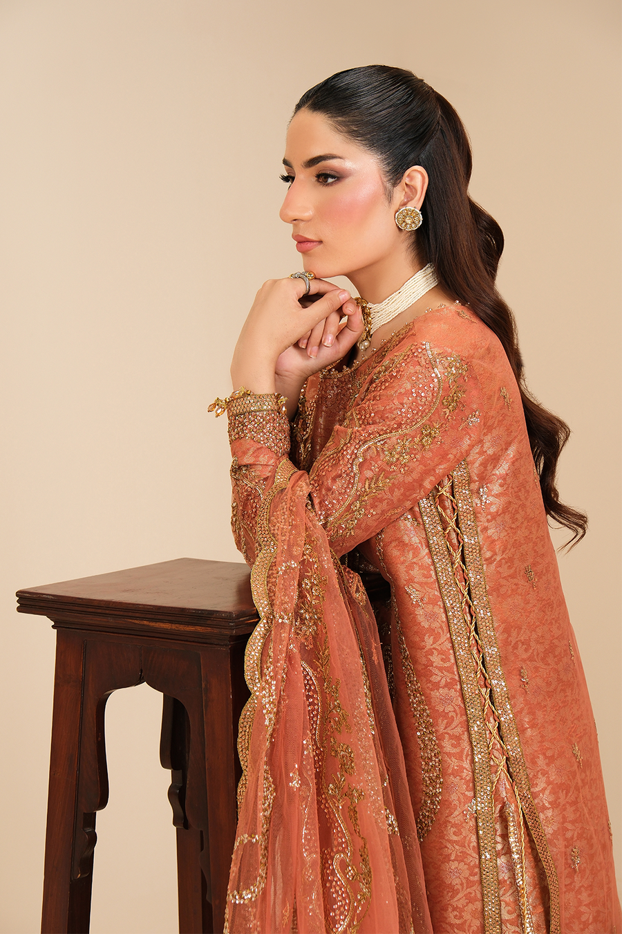 Peach Glow – Embroidered Terracotta Net Festive 3-Piece Suit with Jamawar - Pehnaawaa
