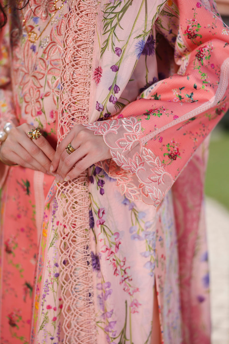 Daisy Coral Printed Satin Stripe Lawn Suit with Silk Dupatta