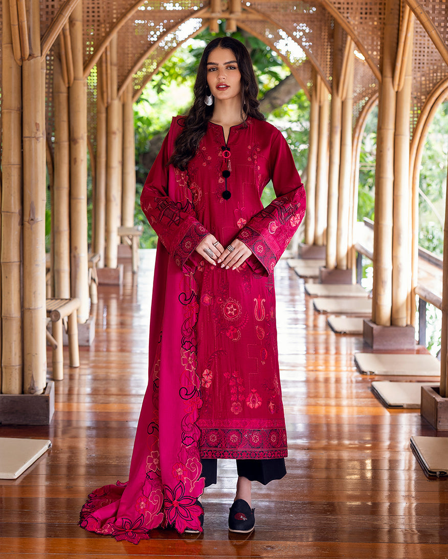 Front view of a woman wearing deep pink embroidered Karandi suit with matching embroidered shawl draped over shoulder, standing in wooden bamboo corridor