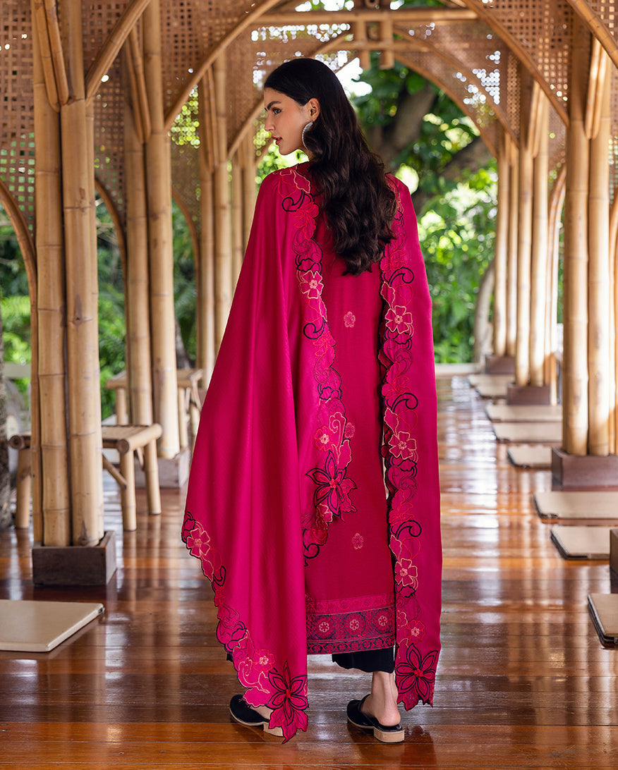 Back view of woman wearing deep pink shawl with scalloped floral embroidery edging over embroidered Karandi suit, standing in bamboo corridor