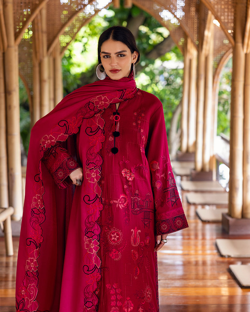 Close-up front view of woman with deep pink embroidered Karandi suit and shawl draped over shoulder showcasing detailed embroidery and large hoop earrings