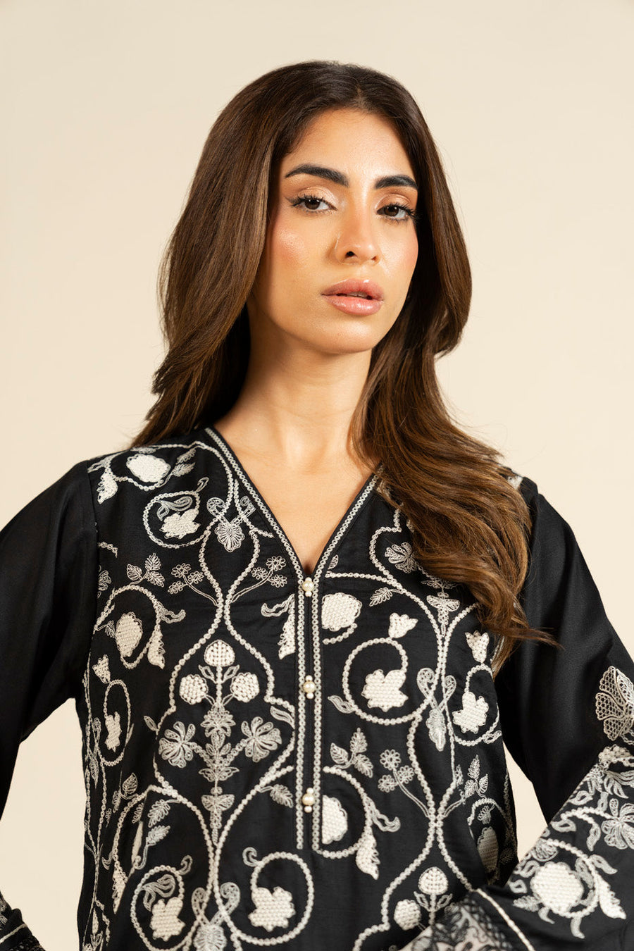 Midnight Navy Viscose 2-Piece Suit | Zardosi Floral Embroidery