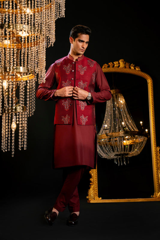 Burgundy Raw Silk 2-Piece Kurta | Zardosi Paisley