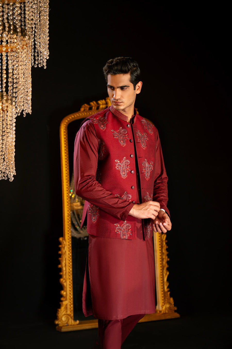 Burgundy Raw Silk 2-Piece Kurta | Zardosi Paisley