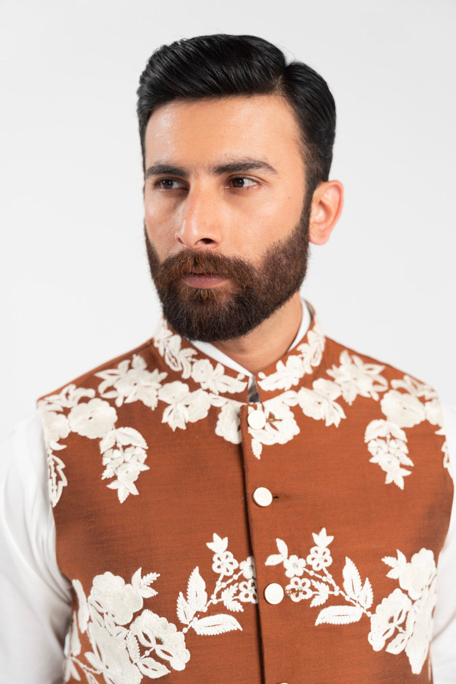 Rust Brown Raw Silk 3-Piece Kurta | Floral Resham Embroidery