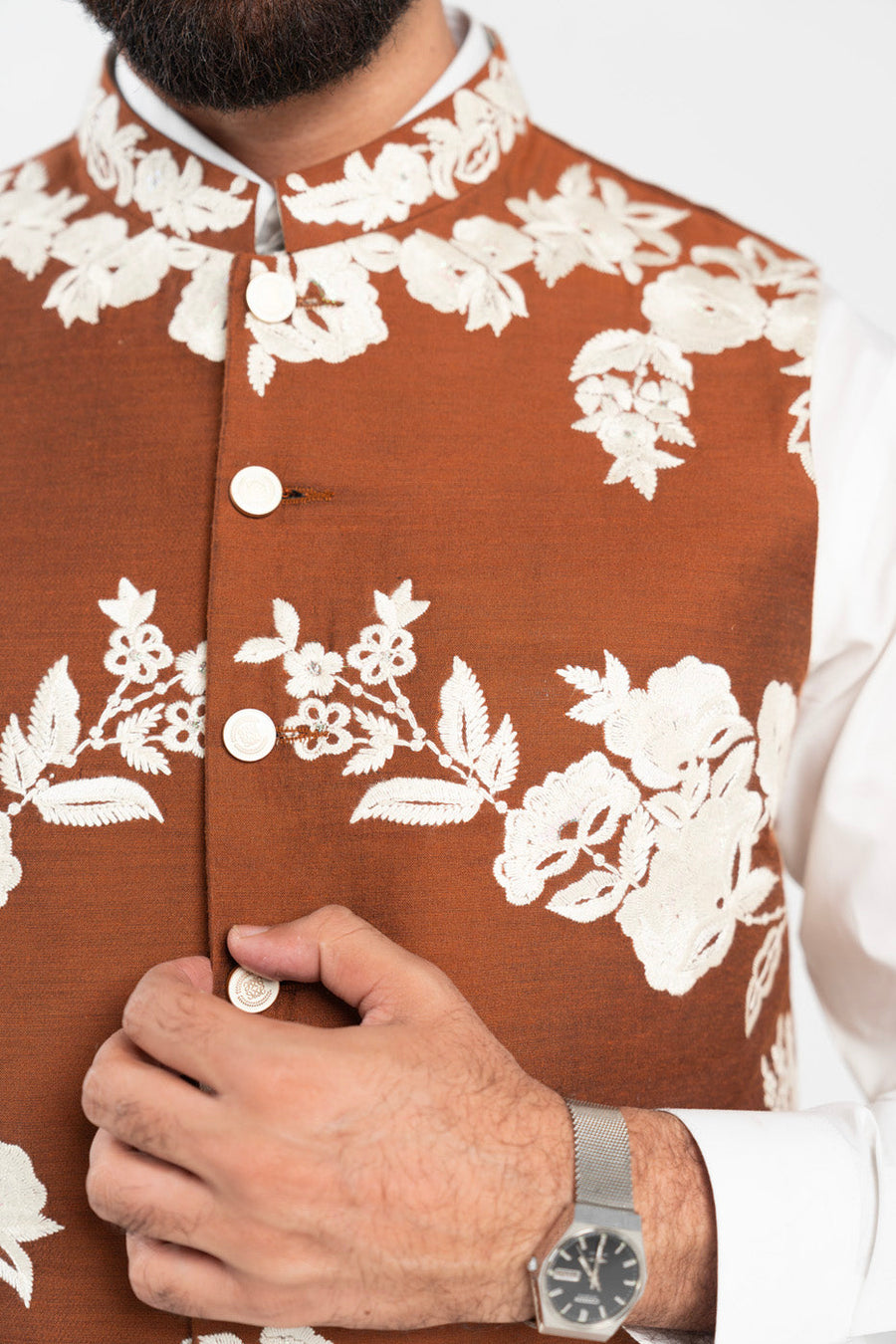 Rust Brown Raw Silk 3-Piece Kurta | Floral Resham Embroidery