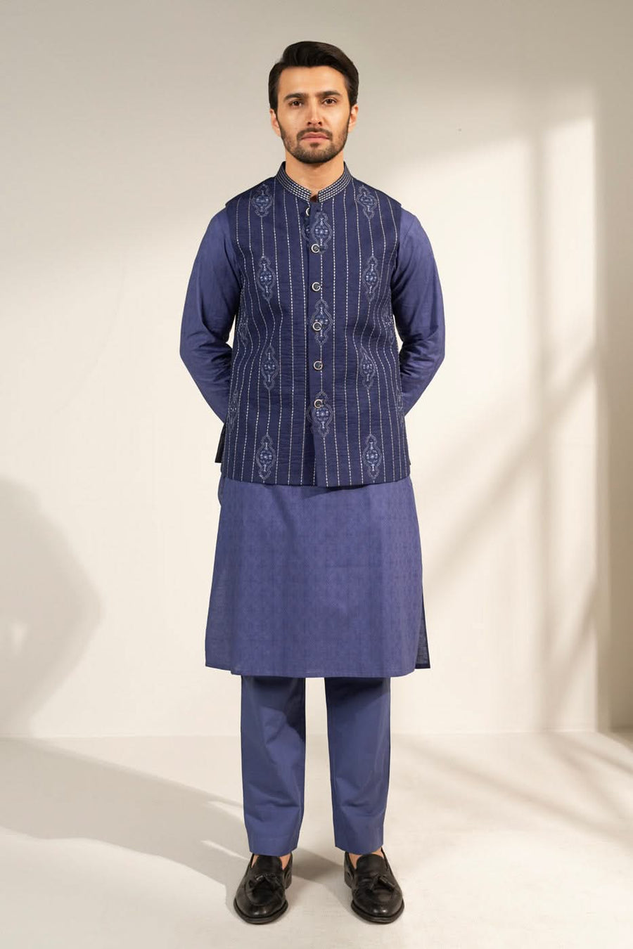 Slate Blue Silk Jacquard 1-Piece Waistcoat | Pinstripe Zardosi Work